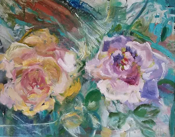 Anna Borcz, ROSES DE JUILLET, Peinture à l'huile - toile, 60 x 50