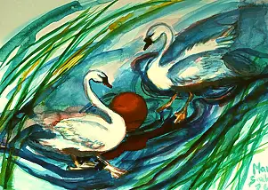 Marzena Salwowska, Łabędzie z toruńskiej Martówki grające w piłkę o zachodzie słońca, Akwarele, Tusz - papier, 42 x 30
