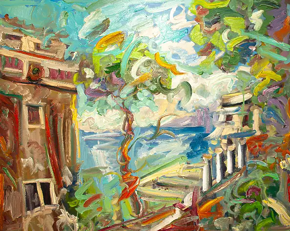 Marcin Stępniowski, French Riviera. Jazz in the heat of summer, Oil painting - panel, 100 x 80
