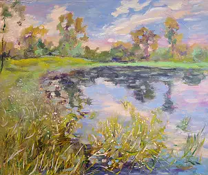 Marcin Stępniowski, Summer twilight over the backwater, Oil painting - board, 60 x 50