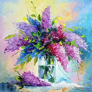 Olha Darchuk, Lilac Bouquet in a Glass, Obraz olejny - płótno, 40 x 40
