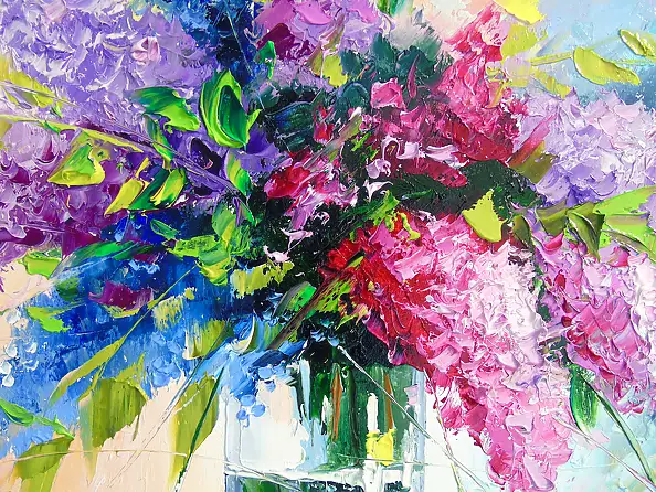 Olha Darchuk, Lilac Bouquet in a Glass, Obraz olejny - płótno, 40 x 40