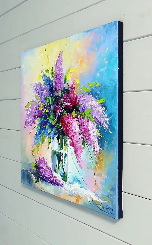 Olha Darchuk, Lilac Bouquet in a Glass, Obraz olejny - płótno, 40 x 40