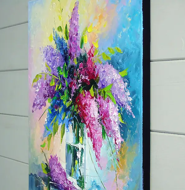 Olha Darchuk, Lilac Bouquet in a Glass, Obraz olejny - płótno, 40 x 40