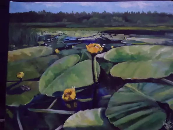 Urszula Wasinska - Water lilies with a frog