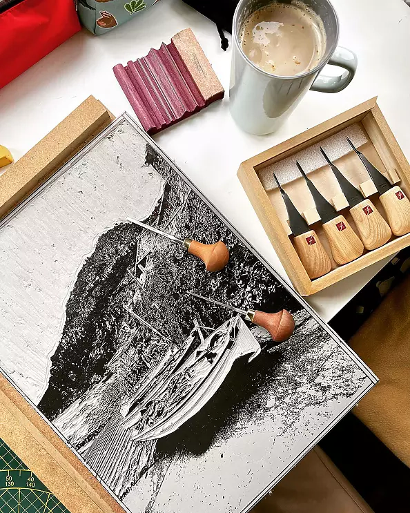 Milena Kowalska - Linocut - "Port de Valldemossa"