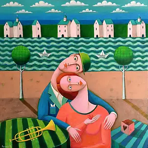 Mirosław Nowiński, Letters from paper boats, Acrylic painting - canvas, 100 x 100