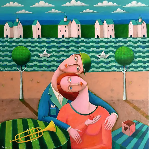 Mirosław Nowiński, Letters from paper boats, Acrylic painting - canvas, 100 x 100