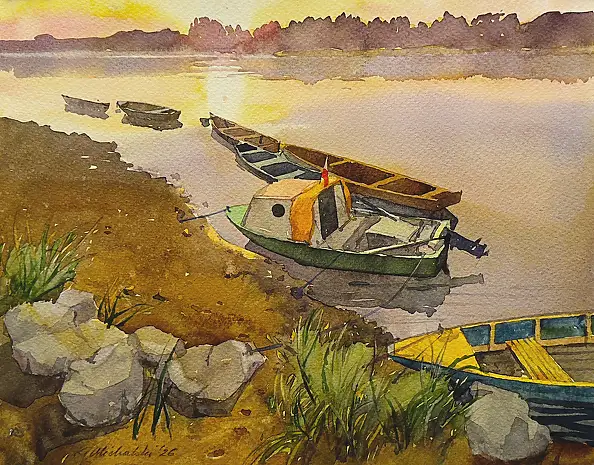 Krzysztof Michalski, Bateaux à Mięćmierz, Aquarelles - papier, 41 x 33
