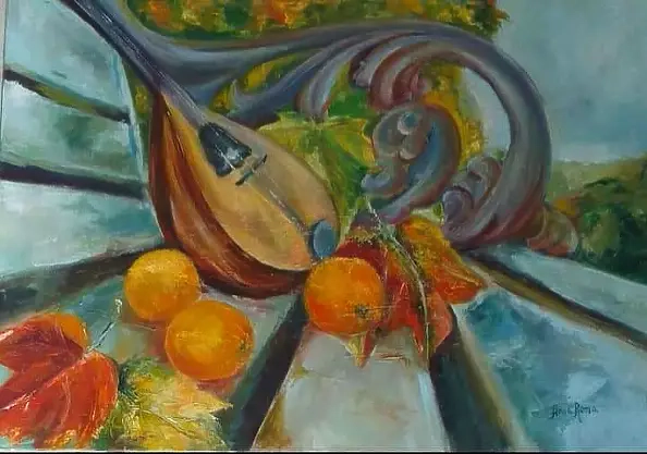 Anna Michalczak - Lute, apples and leaves on a park bench.