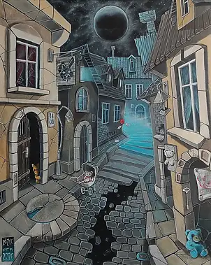 Dariusz Franciszek Różyc, ''MIASTECZKO TWIN MIŚ'' cykl ''Uliczki'', Obraz akrylowy - płótno, 40 x 50