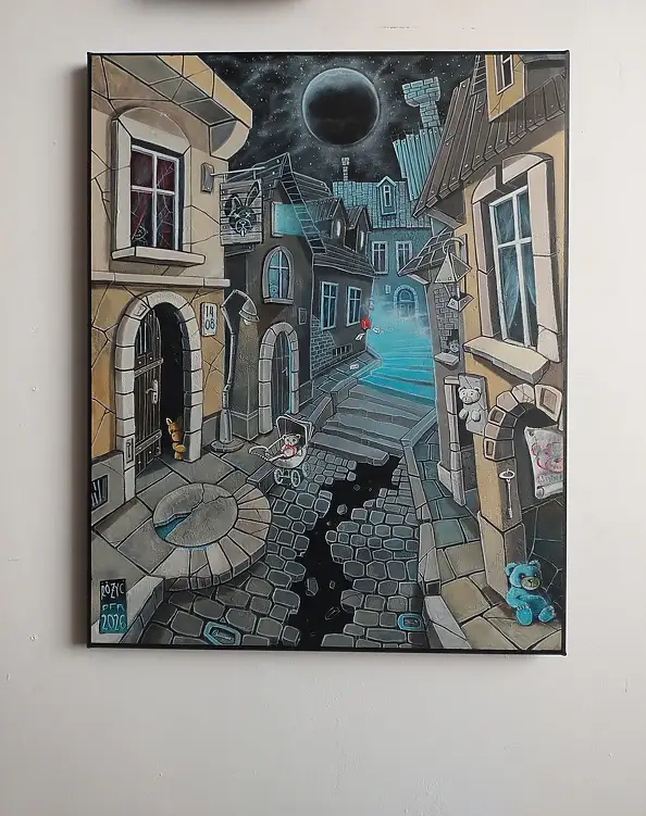 Dariusz Franciszek Różyc, ''MIASTECZKO TWIN MIŚ'' cykl ''Uliczki'', Obraz akrylowy - płótno, 40 x 50