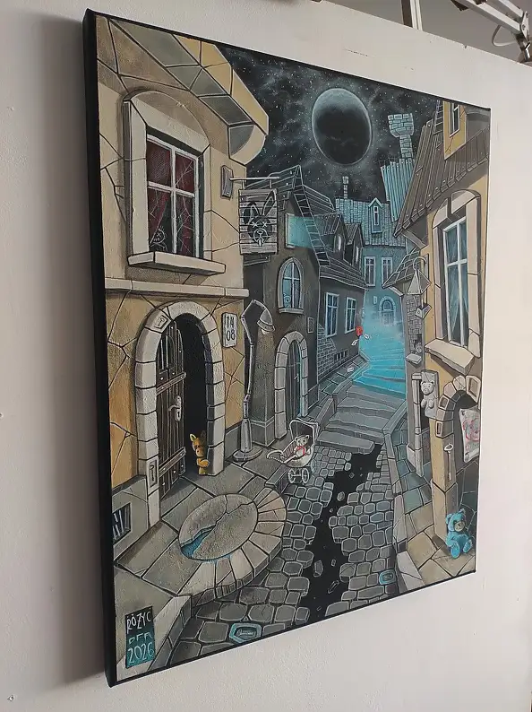 Dariusz Franciszek Różyc, ''MIASTECZKO TWIN MIŚ'' cykl ''Uliczki'', Obraz akrylowy - płótno, 40 x 50