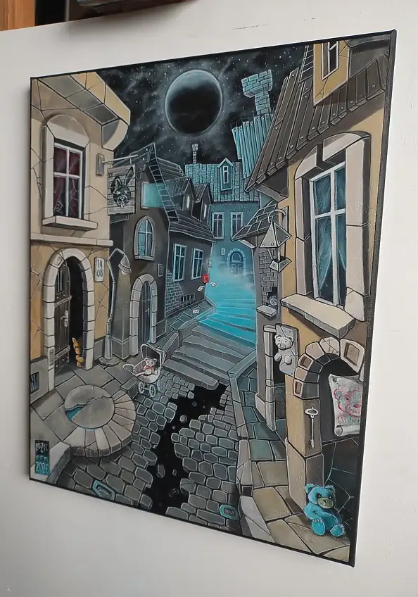 Dariusz Franciszek Różyc, ''MIASTECZKO TWIN MIŚ'' cykl ''Uliczki'', Obraz akrylowy - płótno, 40 x 50