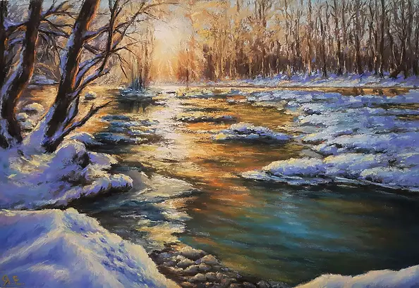 Yana Yeremenko - "MORNING IN THE FOREST", winterlandscape, pasteldrawing
