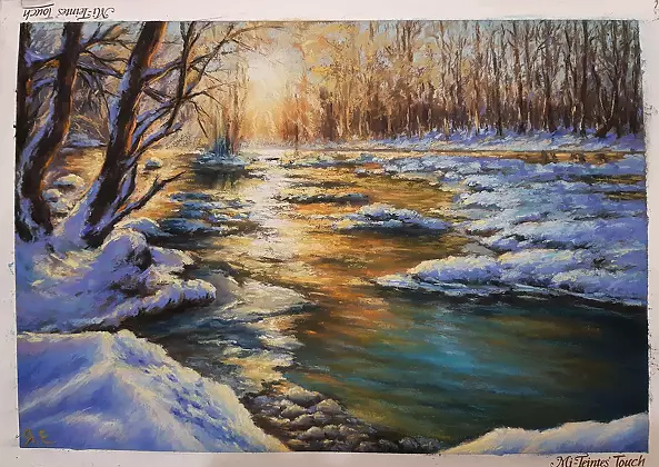 Yana Yeremenko - "MORNING IN THE FOREST", winterlandscape, pasteldrawing