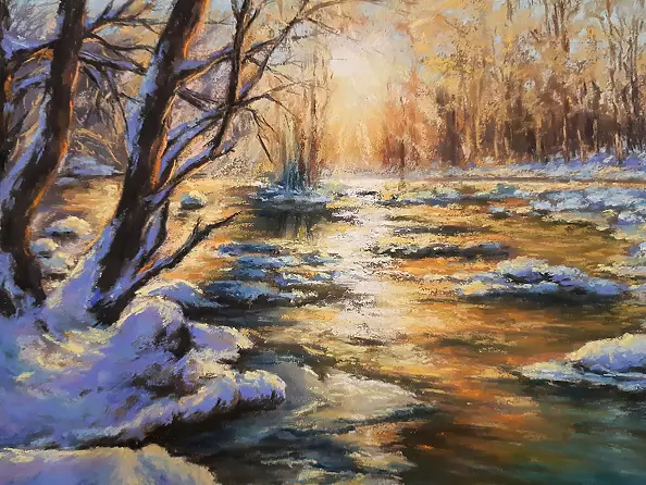 Yana Yeremenko - "MORNING IN THE FOREST", winterlandscape, pasteldrawing