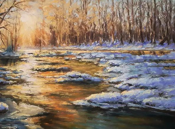 Yana Yeremenko - "MORNING IN THE FOREST", winterlandscape, pasteldrawing