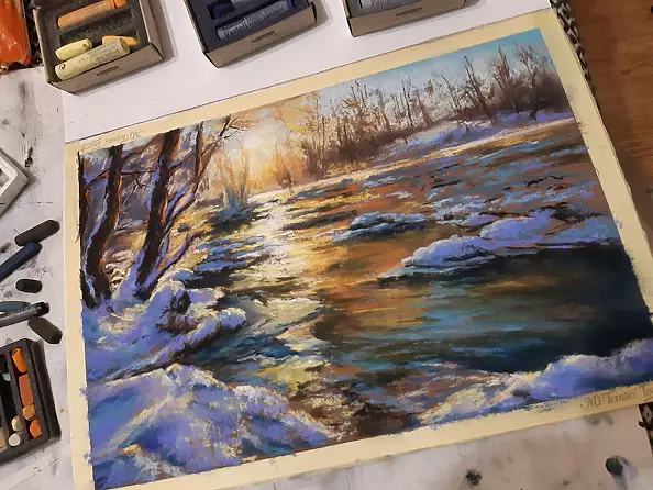 Yana Yeremenko - "MORNING IN THE FOREST", winterlandscape, pasteldrawing