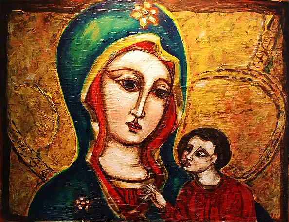 Eugeniusz Molski, Madonna with Child, Acrylic painting - panel, 50 x 30