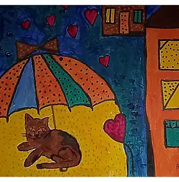 Agata Rak - Chats magiques - Chat sous le parapluie des rêves