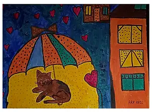 Agata Rak - Chats magiques - Chat sous le parapluie des rêves