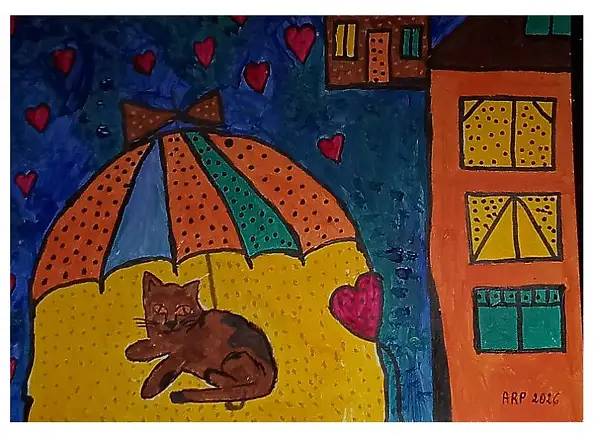 Agata Rak - Chats magiques - Chat sous le parapluie des rêves