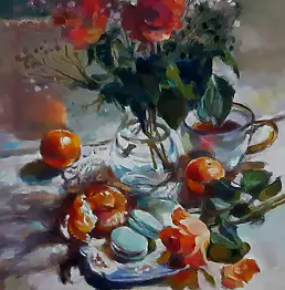 Barbara Gulbinowicz, Makronen, Mandarinen und Rosen, Ölbild - Leinwand, 35 x 45