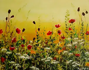 Marta Milewska, Poppies, flower meadow, Acrylic painting - canvas, 50 x 40