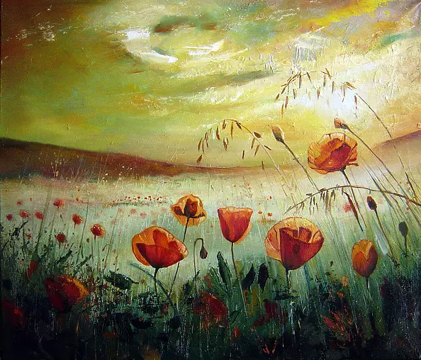 Anna Słota - Maki o wschodzie słońca zatopione w porannej mgle