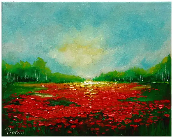 Grażyna Potocka, Dipinto ad olio raffigurante papaveri di campo, 24-30 cm, Quadro a olio - tela, 30 x 24