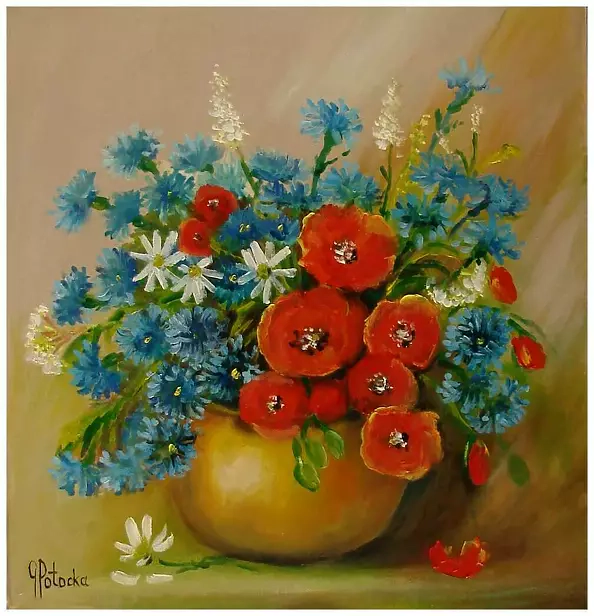 Grażyna Potocka - Coquelicots, bleuets et camomille peinture à l'huile 40-42cm