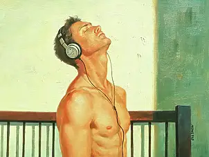 Hongtao Huang, Man listens to music, Масляная картина - холст, плита, 30 x 23