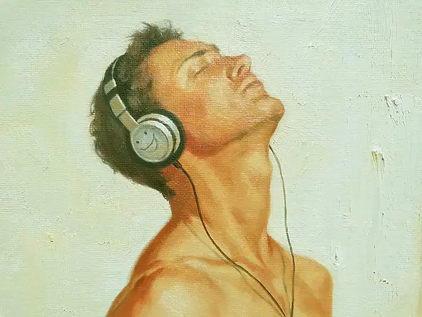 Hongtao Huang, Man listens to music, Масляная картина - холст, плита, 30 x 23
