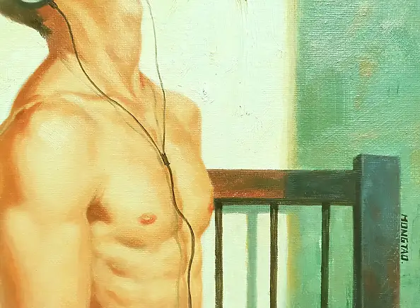Hongtao Huang, Man listens to music, Масляная картина - холст, плита, 30 x 23