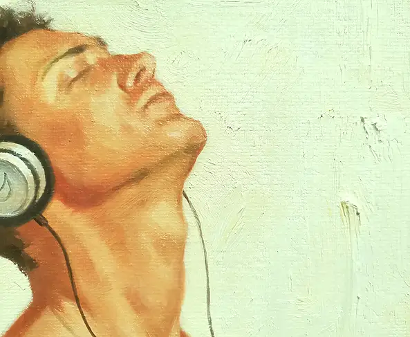 Hongtao Huang, Man listens to music, Масляная картина - холст, плита, 30 x 23