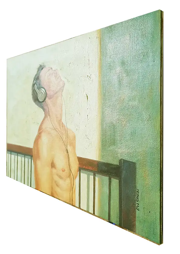 Hongtao Huang, Man listens to music, Масляная картина - холст, плита, 30 x 23