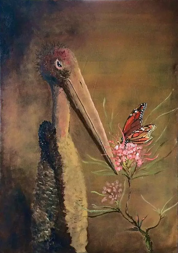 Artur Cieślar - Marabou with a butterfly on a flower Canarian pine
