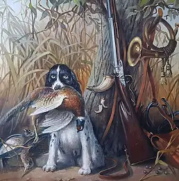 Igor Janczuk, Jagdstilleben mit einem Hund, Ölbild - Leinwand, 80 x 60