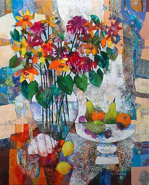 Alicja Słaboń Urbaniak - Still life with bouquet of fruit and shells