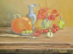 Urszula Wasinska, Still life with pumpkin, tomatoes and poppies, Oil painting - canvas, 40 x 30