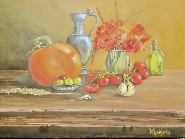 Urszula Wasinska, Still life with pumpkin, tomatoes and poppies, Oil painting - canvas, 40 x 30
