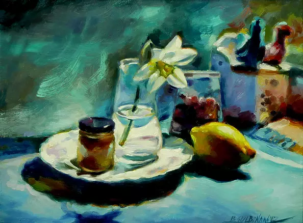 Barbara Gulbinowicz - Still life with narcissus and lemon