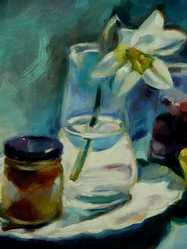 Barbara Gulbinowicz - Still life with narcissus and lemon