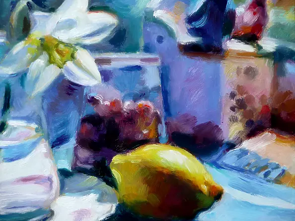 Barbara Gulbinowicz - Still life with narcissus and lemon