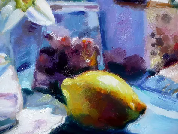 Barbara Gulbinowicz - Still life with narcissus and lemon