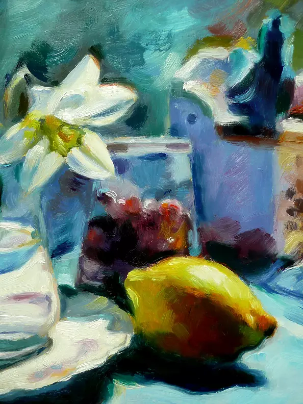 Barbara Gulbinowicz - Still life with narcissus and lemon