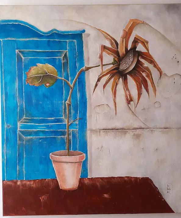 Jarosław Lubecki - Still life with a blue wardrobe in the background