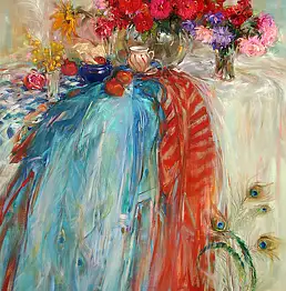 Paweł Kotowicz, Натюрморт с павлиньими перьями, Масляная картина - холст, 81 x 100