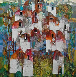 Alicja Słaboń Urbaniak, Eine kleine Stadt am Fluss, Ölbild - Leinwand, 65 x 81